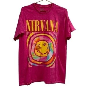 NIRVANA Licensed Unisex Band Tee Pink Smiley Face Distressed Size Large NWOT